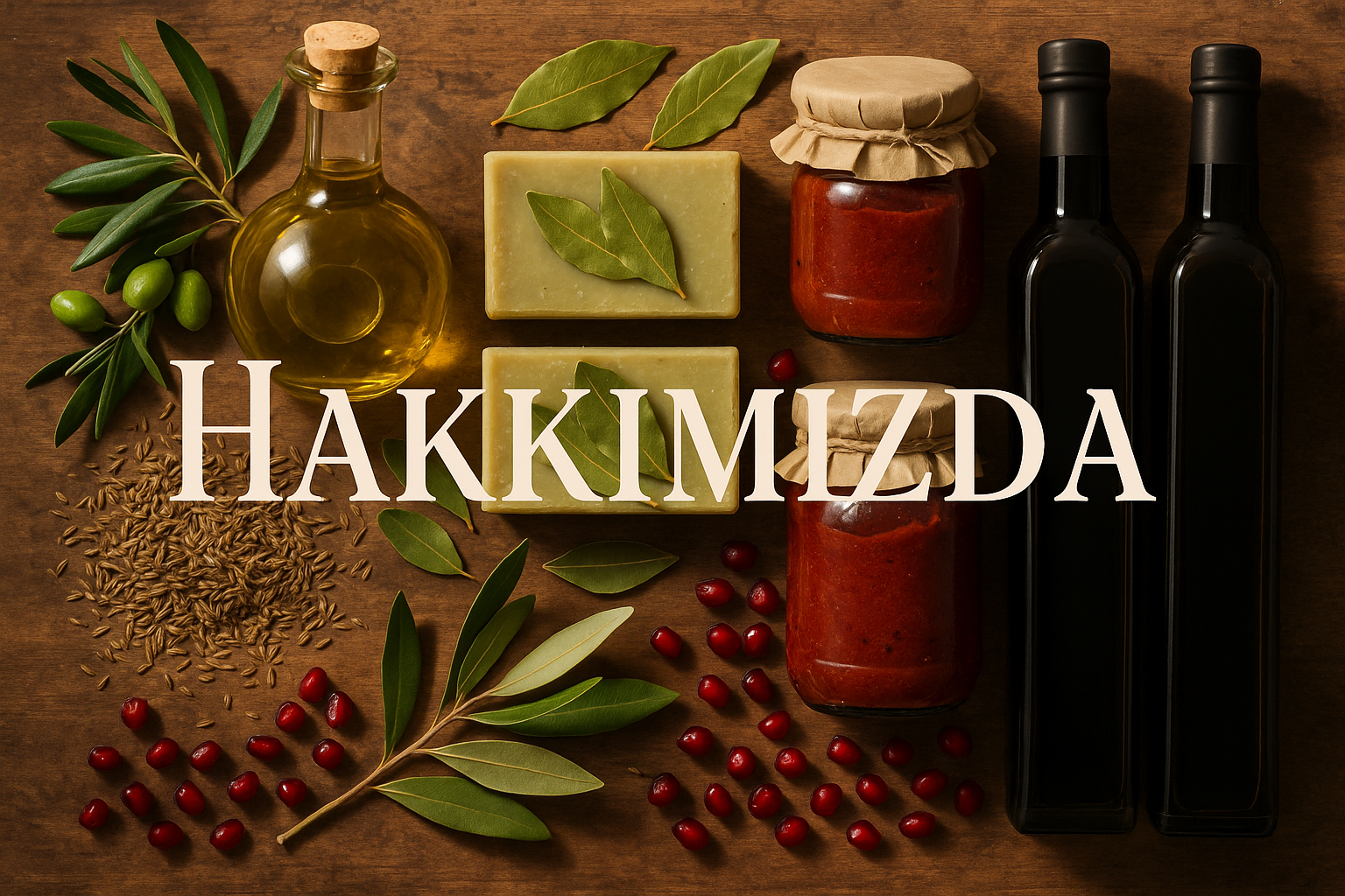 Zeytin yağı, defne sabunu, salça, kimyon ve nar ekşisinden oluşan bir görsel üret. Bu görseli hakkımızda yazısı ile yarat. Görsel hem ilgi çekici olsun hem de yaratıcı